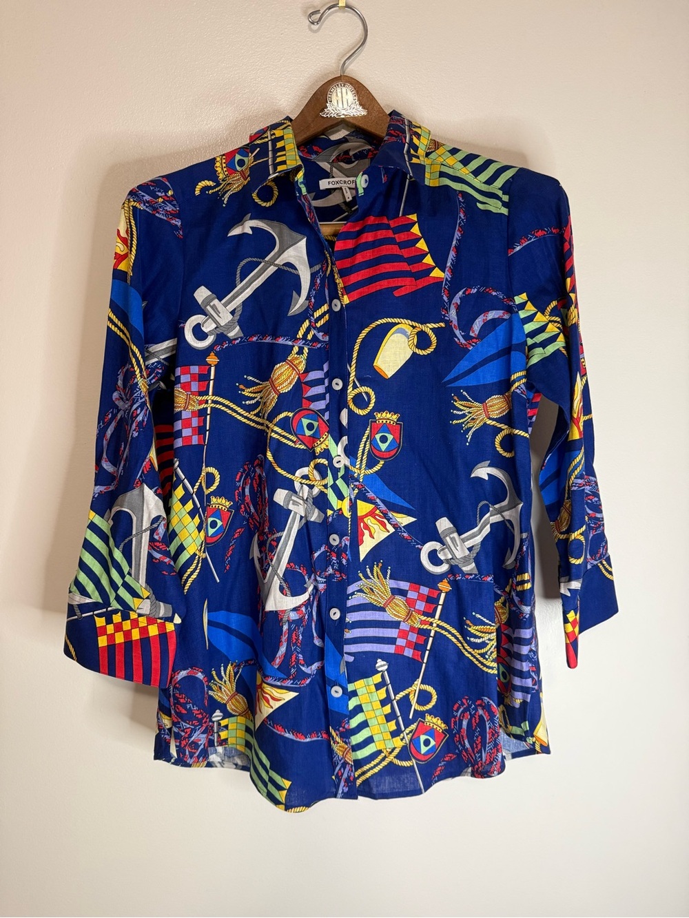 Fox Croft women’s  Nautical Print Button-Up Shirt Blue linen blend size 4